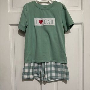 NEW 7-8 Boys I Love Dad Embroidered Shorts Green Gingham Fathers‎ Day Outfit